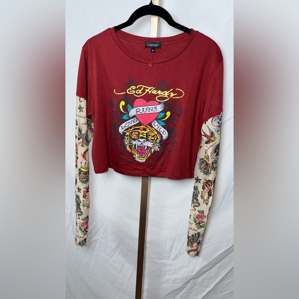 Ed Hardy Burgundy Tattoo Graphic Long Sleeve